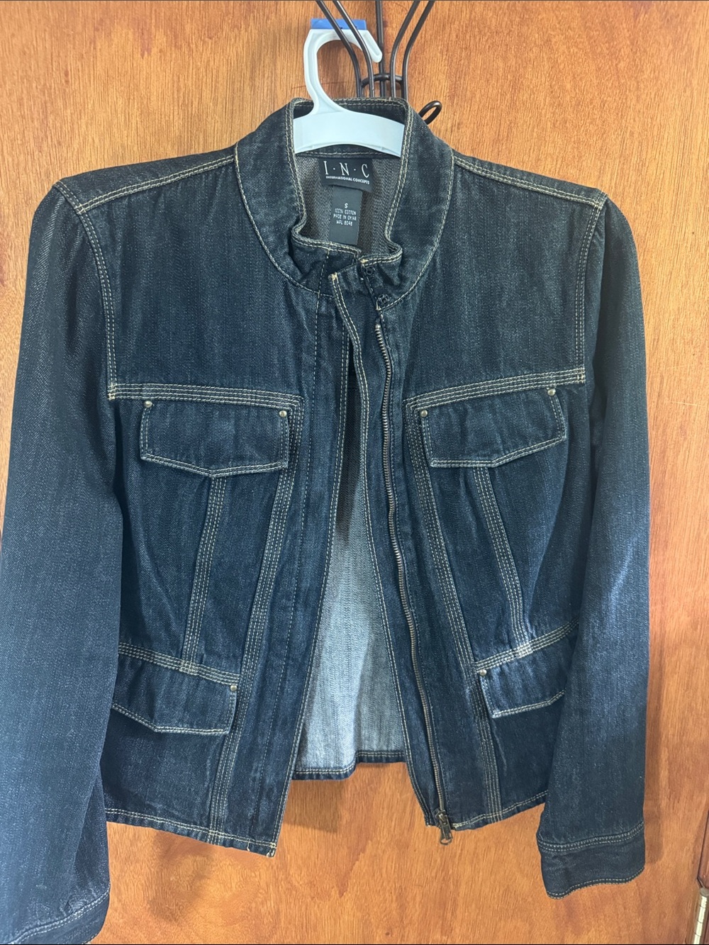 INC International Concepts Dark Indigo Denim Jacket with Contrast Stitching